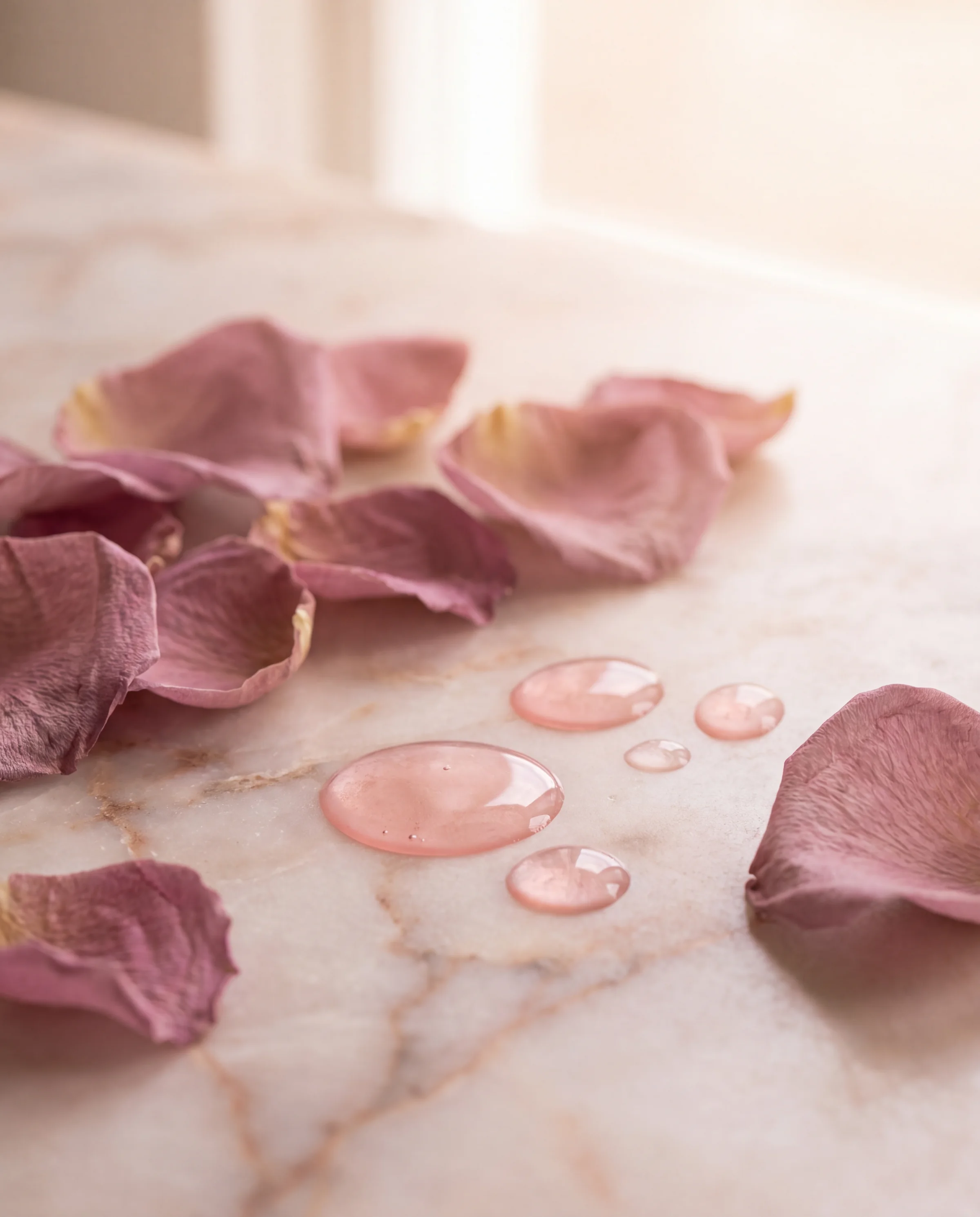 Rosenblätter und Tropfen auf Marmor